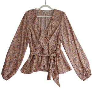 Max Studio Top Womens XL Pink Floral Wrap Peplum Ruffle Boho Cottage Romantic